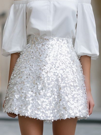 Elegant Off-Shoulder Sequin Skirt Mini Dress