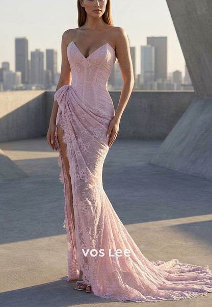 Elgant Mermaid Strapless Pink Sweetheart Lace Corset Prom Dress with Split