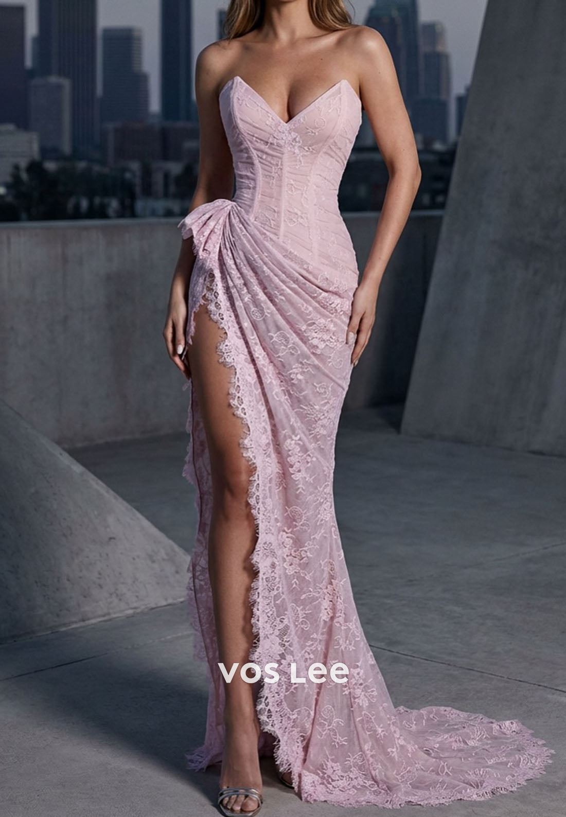 Elgant Mermaid Strapless Pink Sweetheart Lace Corset Prom Dress with Split