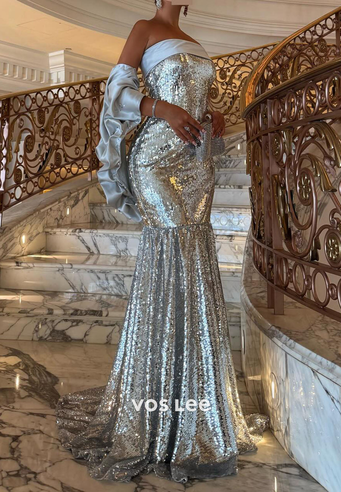 Sparkling Strapless Mermaid Sequins Evening Dresses With Sequins Beads