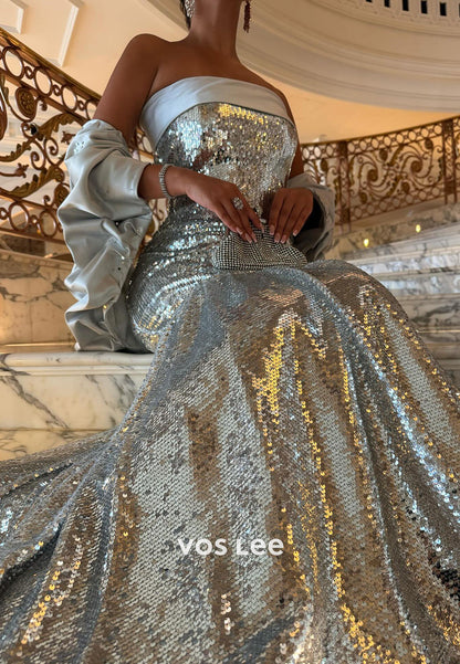 Sparkling Strapless Mermaid Sequins Evening Dresses With Sequins Beads