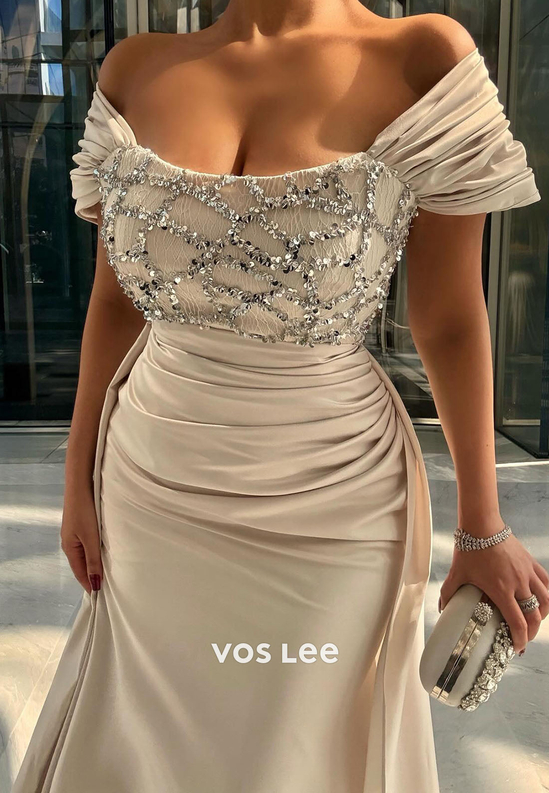 Off-the-Shoulder Evening Gowns Sequins Long With Court train