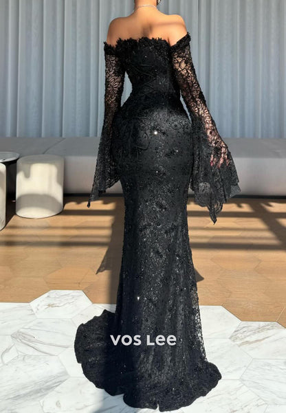 Black Lace Off Shoulder Long Sleeves Mermaid Evening Dress With Beadings Pearls
