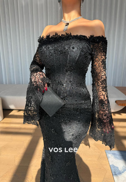 Black Lace Off Shoulder Long Sleeves Mermaid Evening Dress With Beadings Pearls