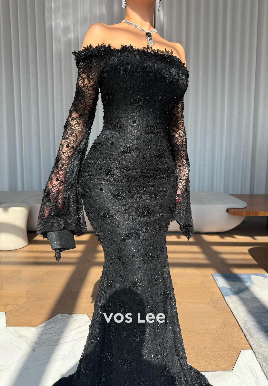 Black Lace Off Shoulder Long Sleeves Mermaid Evening Dress With Beadings Pearls