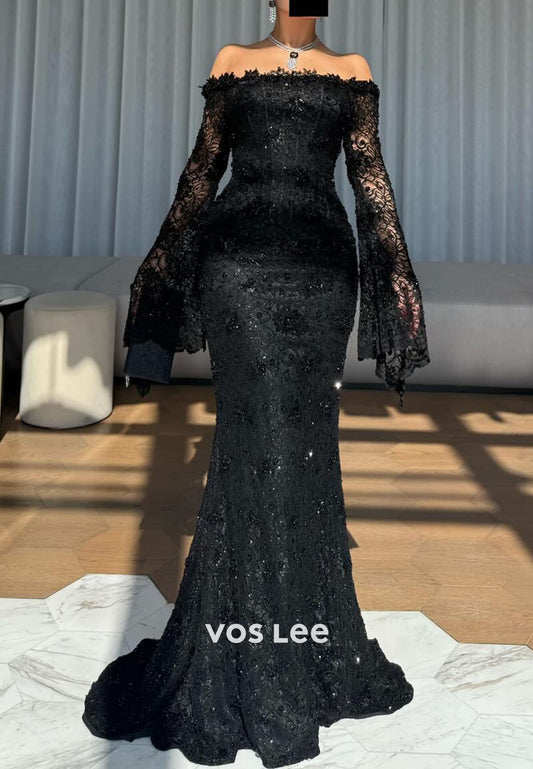 Black Lace Off Shoulder Long Sleeves Mermaid Evening Dress With Beadings Pearls