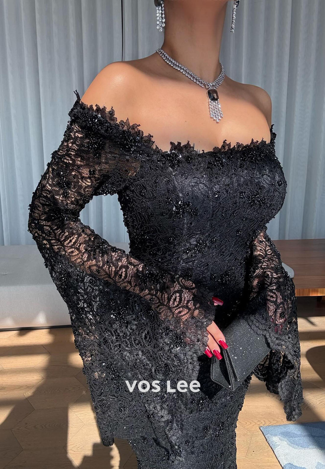 Black Lace Off Shoulder Long Sleeves Mermaid Evening Dress With Beadings Pearls