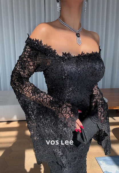 Black Lace Off Shoulder Long Sleeves Mermaid Evening Dress With Beadings Pearls