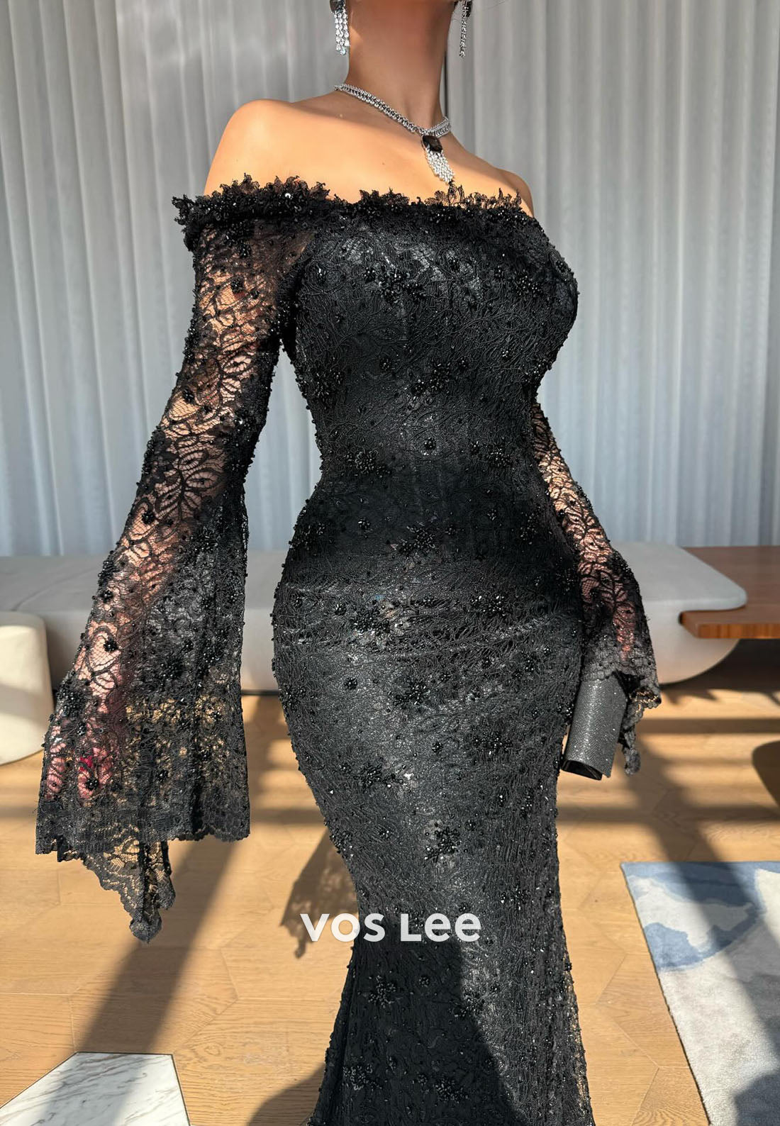 Black Lace Off Shoulder Long Sleeves Mermaid Evening Dress With Beadings Pearls