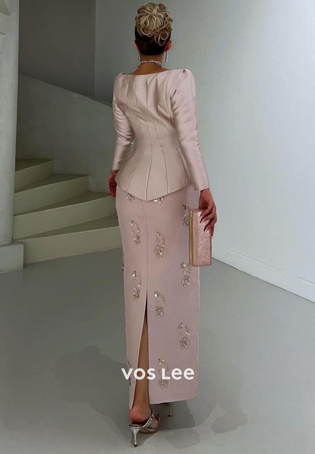 Pink Elegant Long Sleeves Satin Beading Long Sheath Evening Dress