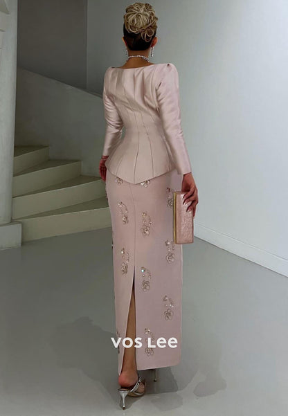 Pink Elegant Long Sleeves Satin Beading Long Sheath Evening Dress