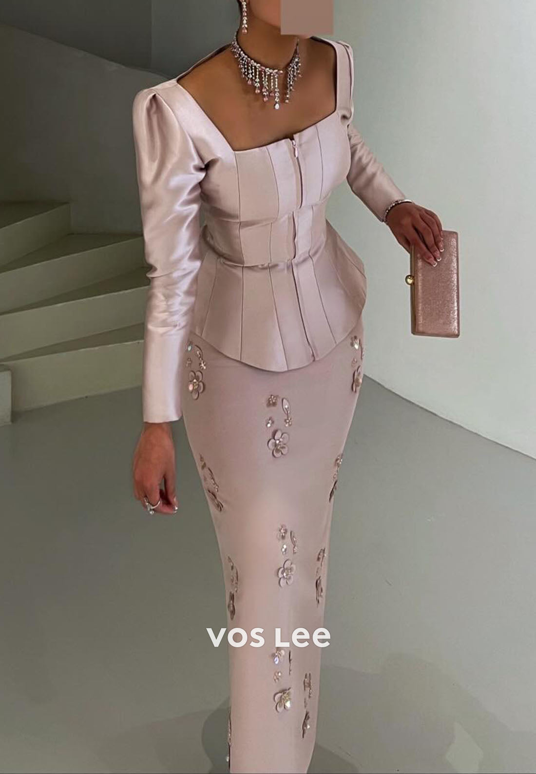 Pink Elegant Long Sleeves Satin Beading Long Sheath Evening Dress