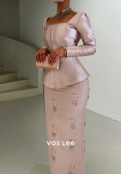 Pink Elegant Long Sleeves Satin Beading Long Sheath Evening Dress