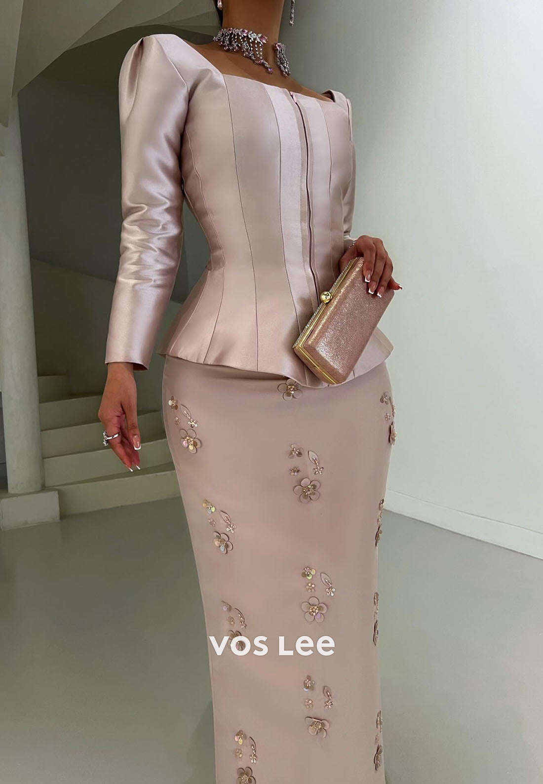 Pink Elegant Long Sleeves Satin Beading Long Sheath Evening Dress