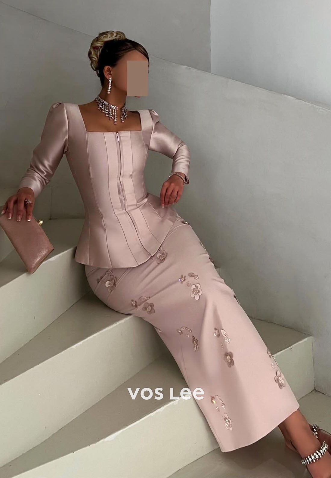 Pink Elegant Long Sleeves Satin Beading Long Sheath Evening Dress