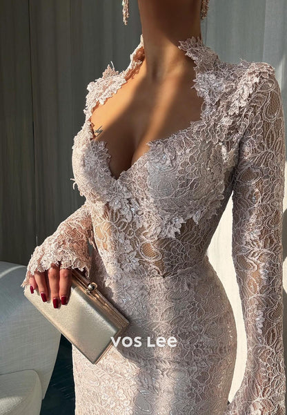 Lace Long Sleeves Sweetheart Evening Dress Lace Appliques With  Split