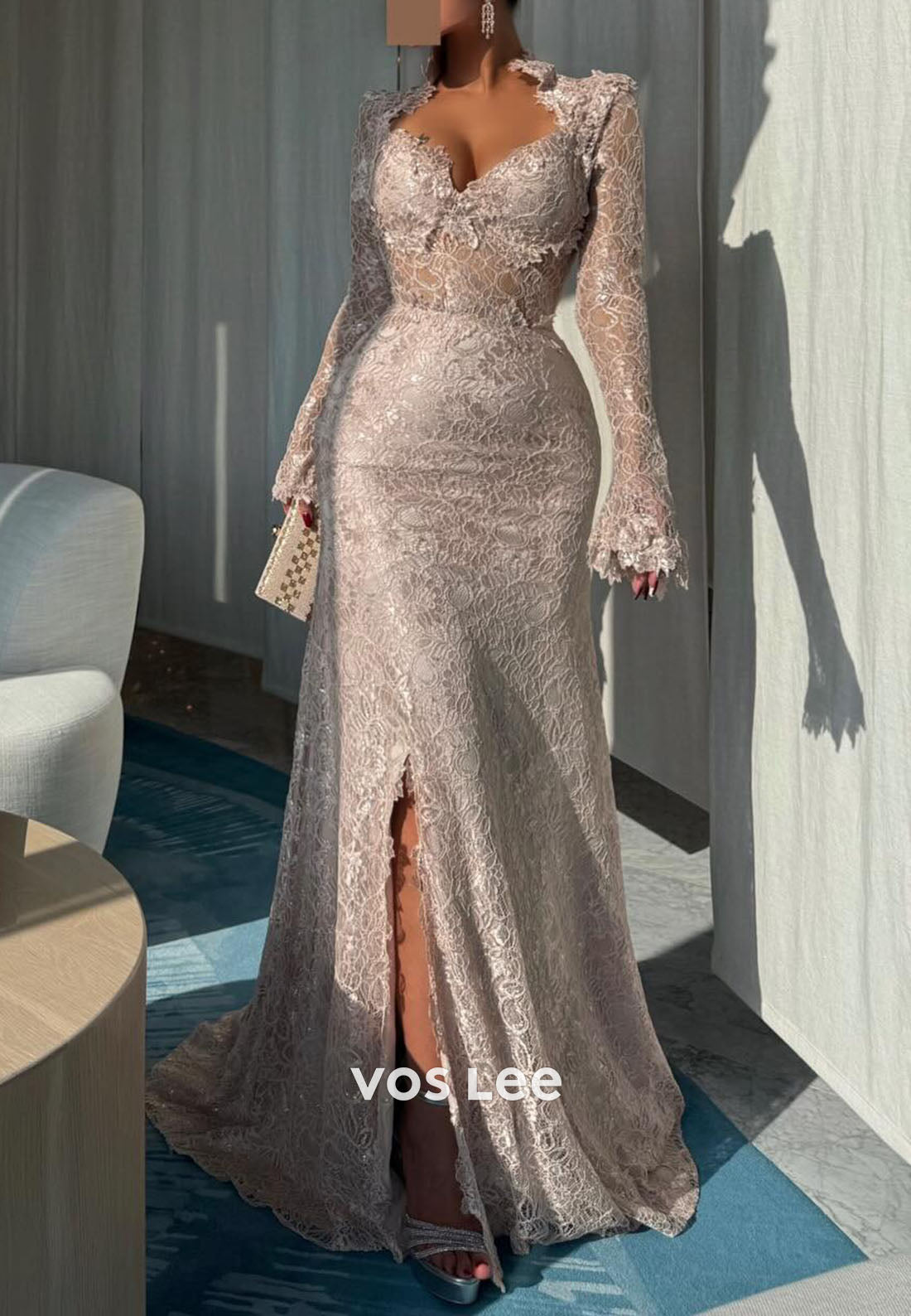 Lace Long Sleeves Sweetheart Evening Dress Lace Appliques With  Split