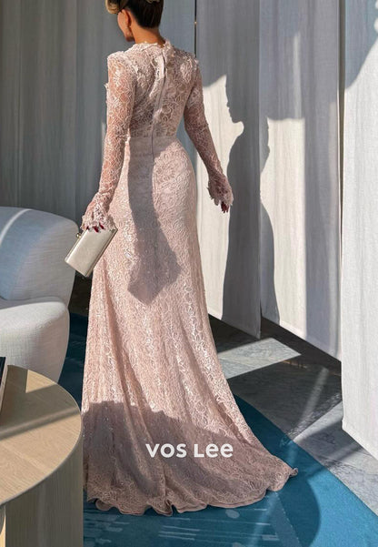 Lace Long Sleeves Sweetheart Evening Dress Lace Appliques With  Split