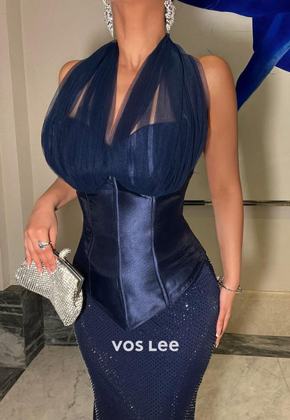 Elegant Halter Sleeveless Mermaid Evening Gowns Long With Brading