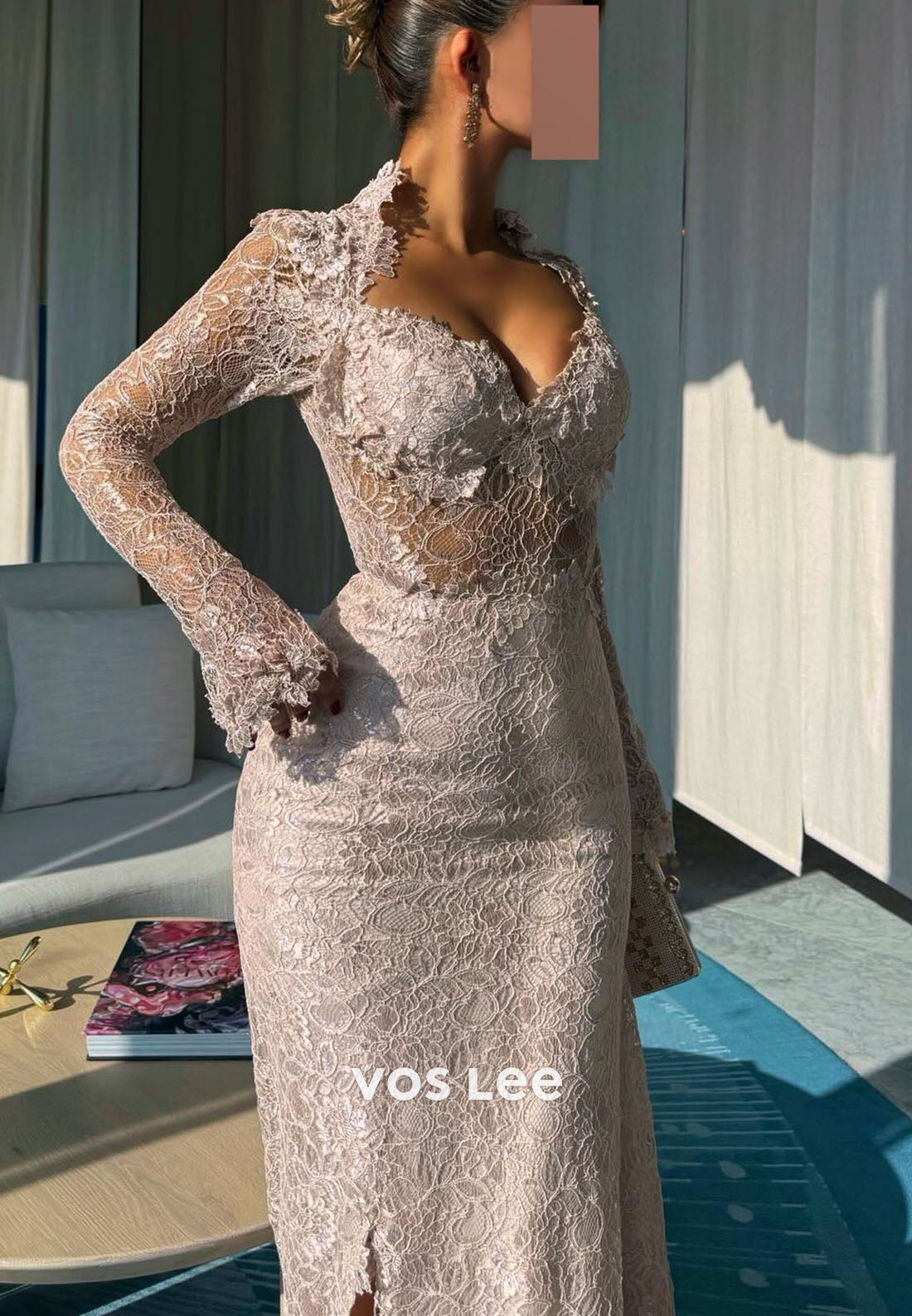 Lace Long Sleeves Sweetheart Evening Dress Lace Appliques With  Split