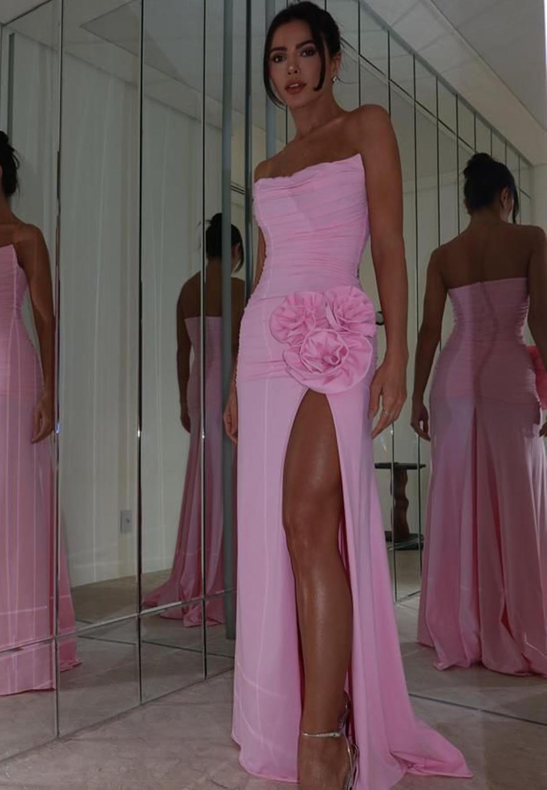 Sheath Strapless Ruched Side Slit Pink Prom Dress with Flower Long Formal Party Dress