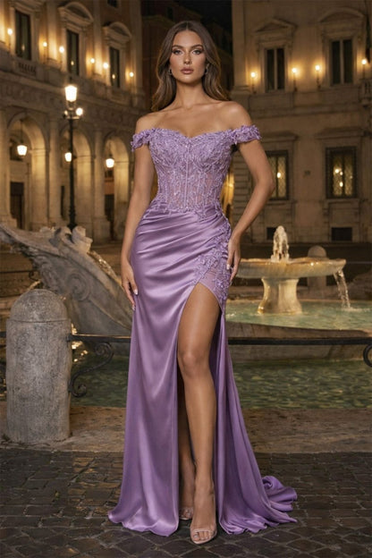 Burgundy Off The Shoulder Mermaid Beaded Satin Long Prom Dresses With Appliques