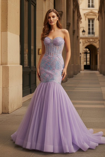 Lilac Sheath Strapless Tulle Pleated Long Prom Dresses With Beading
