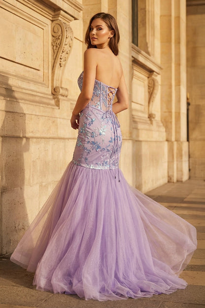 Lilac Sheath Strapless Tulle Pleated Long Prom Dresses With Beading