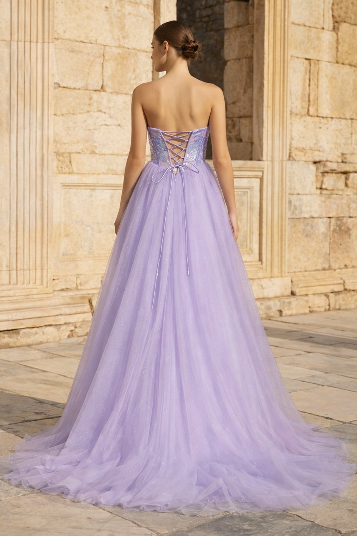 Lilac Strapless A Line Tulle Long Prom Dresses With Beading