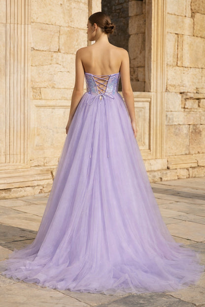 Lilac Strapless A Line Tulle Long Prom Dresses With Beading