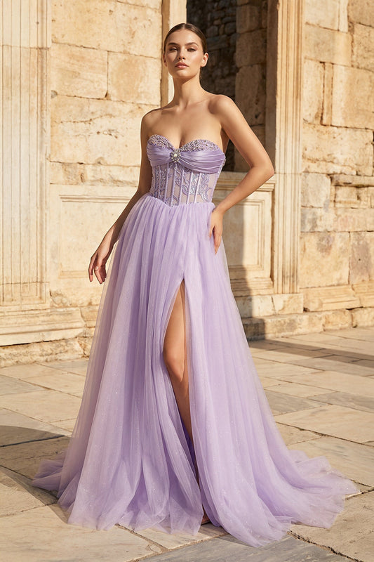 Lilac Strapless A Line Tulle Long Prom Dresses With Beading