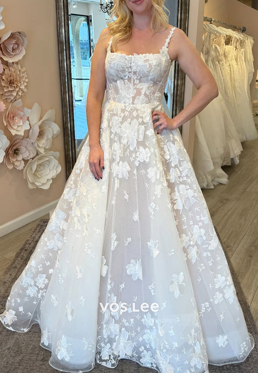 A-Line Spaghetti Straps Appliques Lace Floor-Length Wedding Dresses