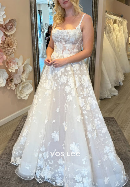 A-Line Spaghetti Straps Appliques Lace Floor-Length Wedding Dresses