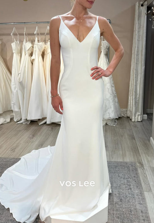 Sexy & Sleek V Neck Spaghetti Straps Mermaid Wedding Dresses with Sweep Train