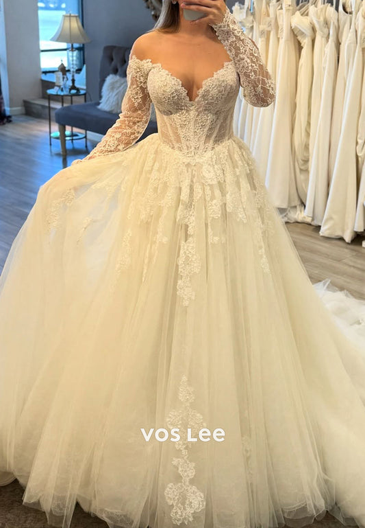 A-Line Long Sleeve Sweetheart Appliques Lace Wedding Dresses with Court Train