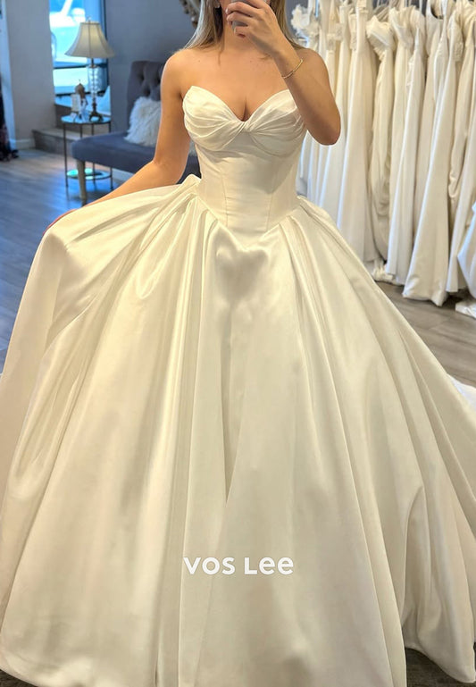 Simple A-Line Strapless Sweetheart Wedding Dresses with Court Train
