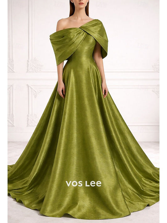 Luxury Duchess Satin Ball Gown | Olive Green One Shoulder Red Carpet Dress