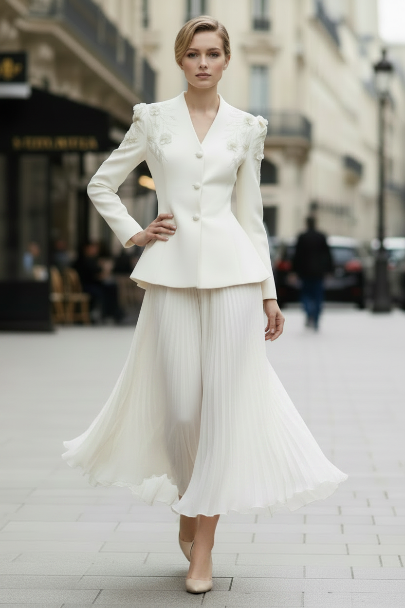 Button Long Sleeve V-Neck Flowers A-Line Evening Dress