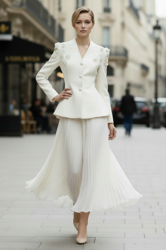 Button Long Sleeve V-Neck Flowers A-Line Evening Dress