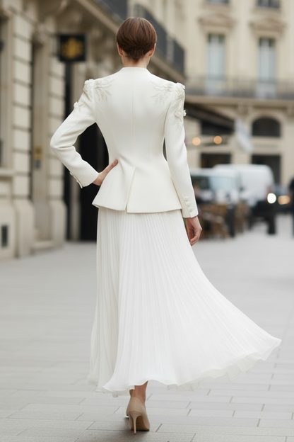 Button Long Sleeve V-Neck Flowers A-Line Evening Dress