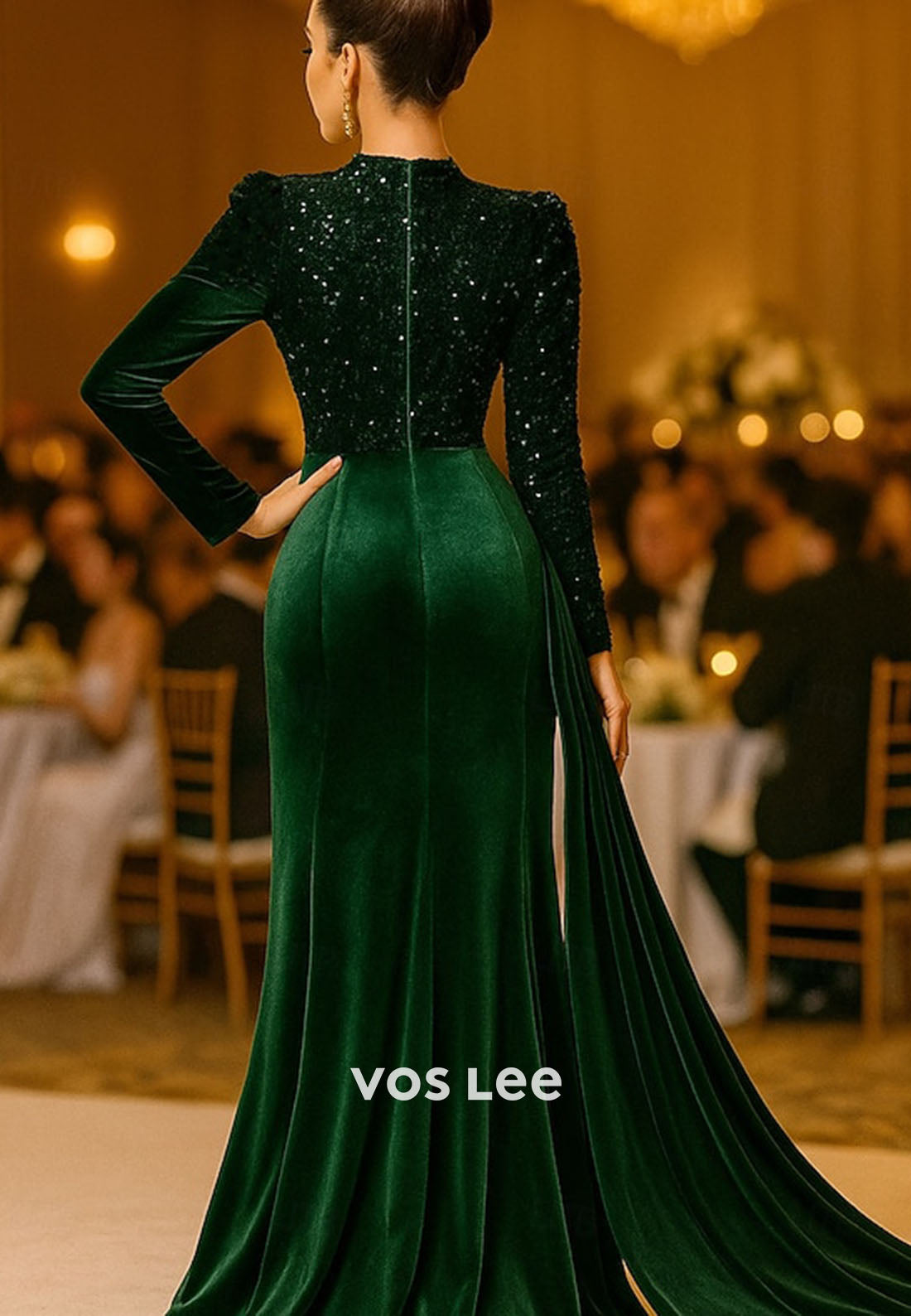 High-Neck Sequined Long-Sleeves Mermaid Velvet Evening Dress Formal Gowns