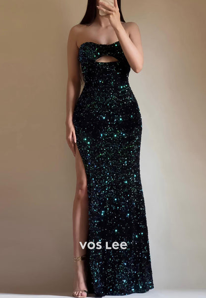 Couture Fully Sequined Sweetheart Strapless Mermaid Evening Dresses with Side Split
