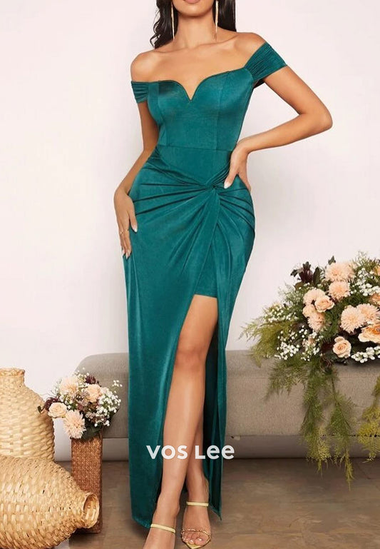 Off the Shoulder V Neck Ankle-Length Pleated Mermaid Evening Dresses with Split