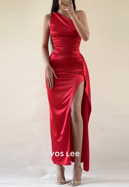Sexy&Sleek  One Shoulder Pleated Tea-Length Mermaid Evening Dresses with High Split