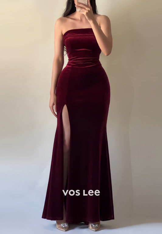 Classic&Simple Tube Top Pleated Mermaid Ankle-Length Evening Dresses with High Split