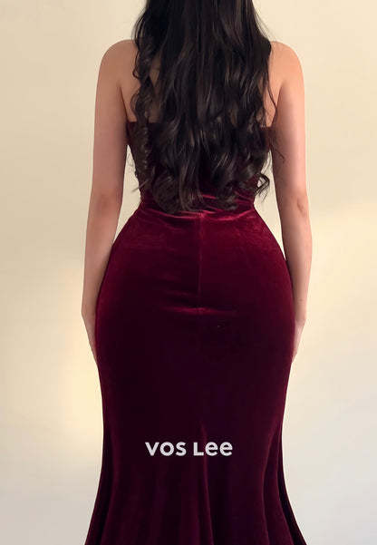 Classic&Simple Tube Top Pleated Mermaid Ankle-Length Evening Dresses with High Split
