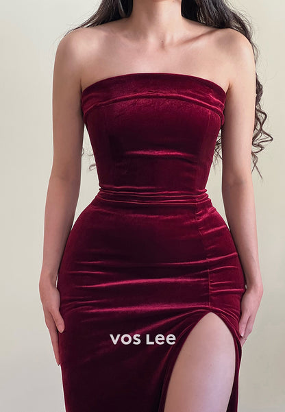 Classic&Simple Tube Top Pleated Mermaid Ankle-Length Evening Dresses with High Split