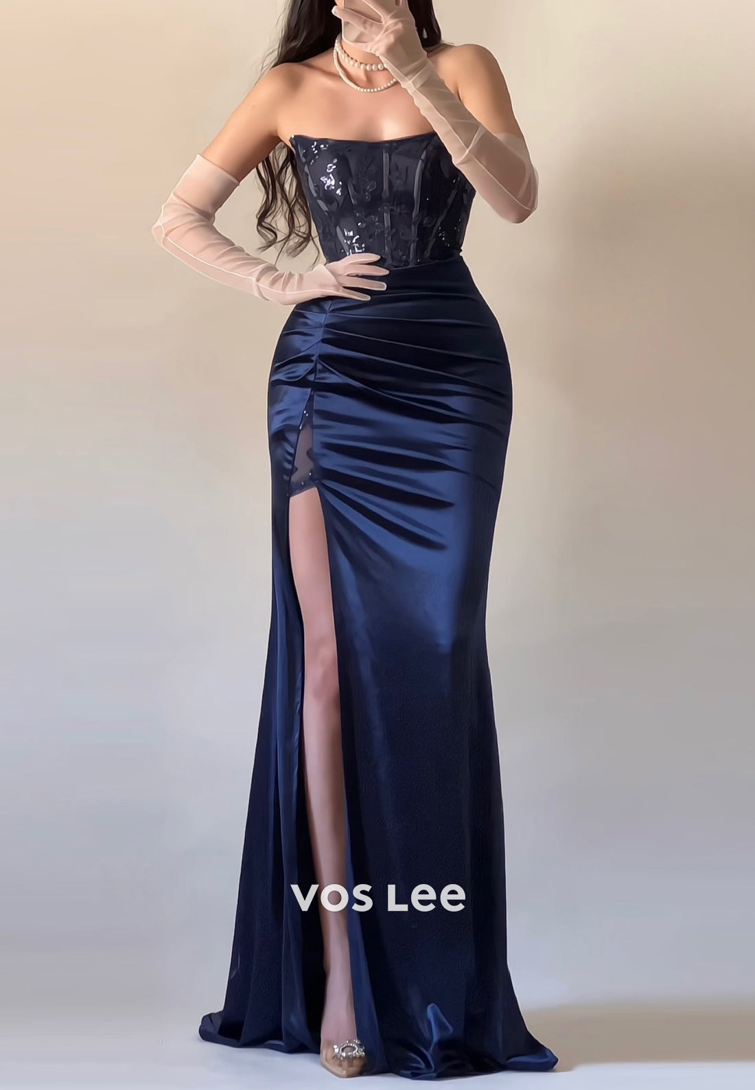 Couture & Ornate Tube Top Sequined Pleated Mermaid Evening Dresses with High Slit
