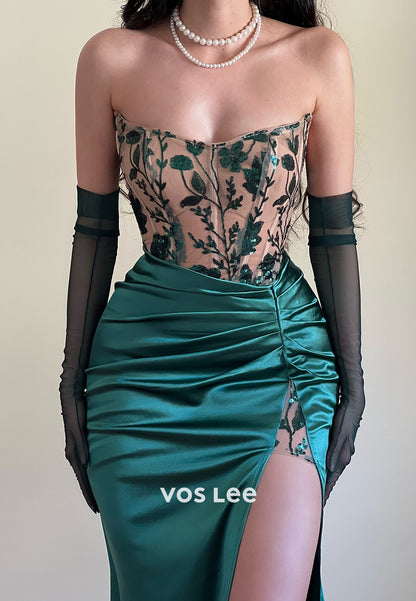 Couture & Ornate Tube Top Sequined Pleated Mermaid Evening Dresses with High Slit