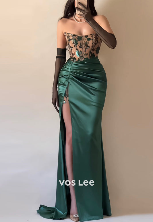 Couture & Ornate Tube Top Sequined Pleated Mermaid Evening Dresses with High Slit
